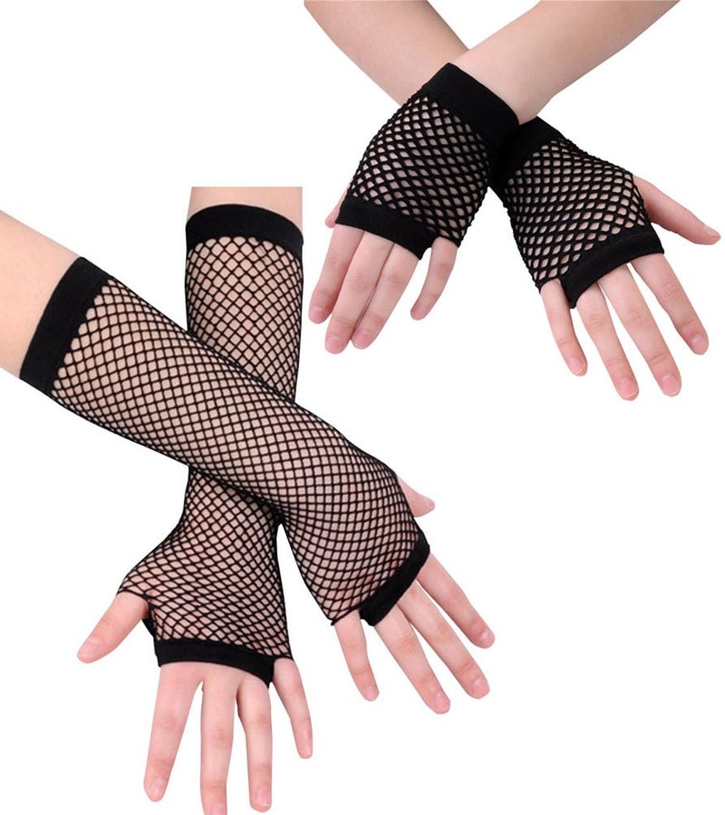 Ayliss 2 Pairs Long Short Fishnet Gloves 80s, Black, One Size - Image 2